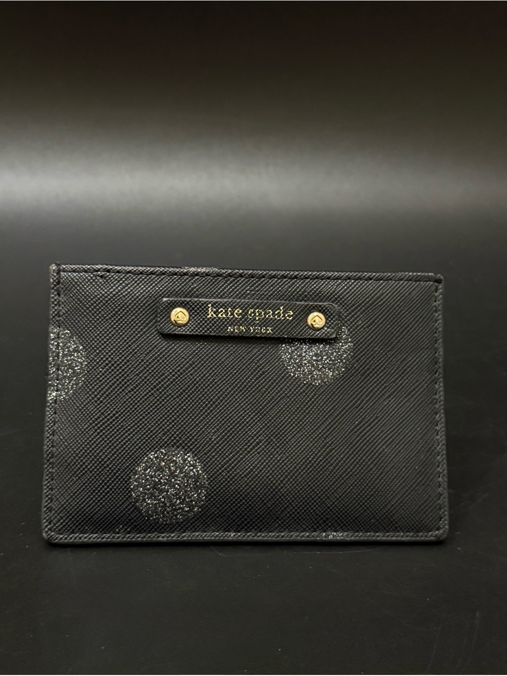 KATE SPADE Haven Lane Graham Glitter Black Crossgrain Leather Card Case Wallet